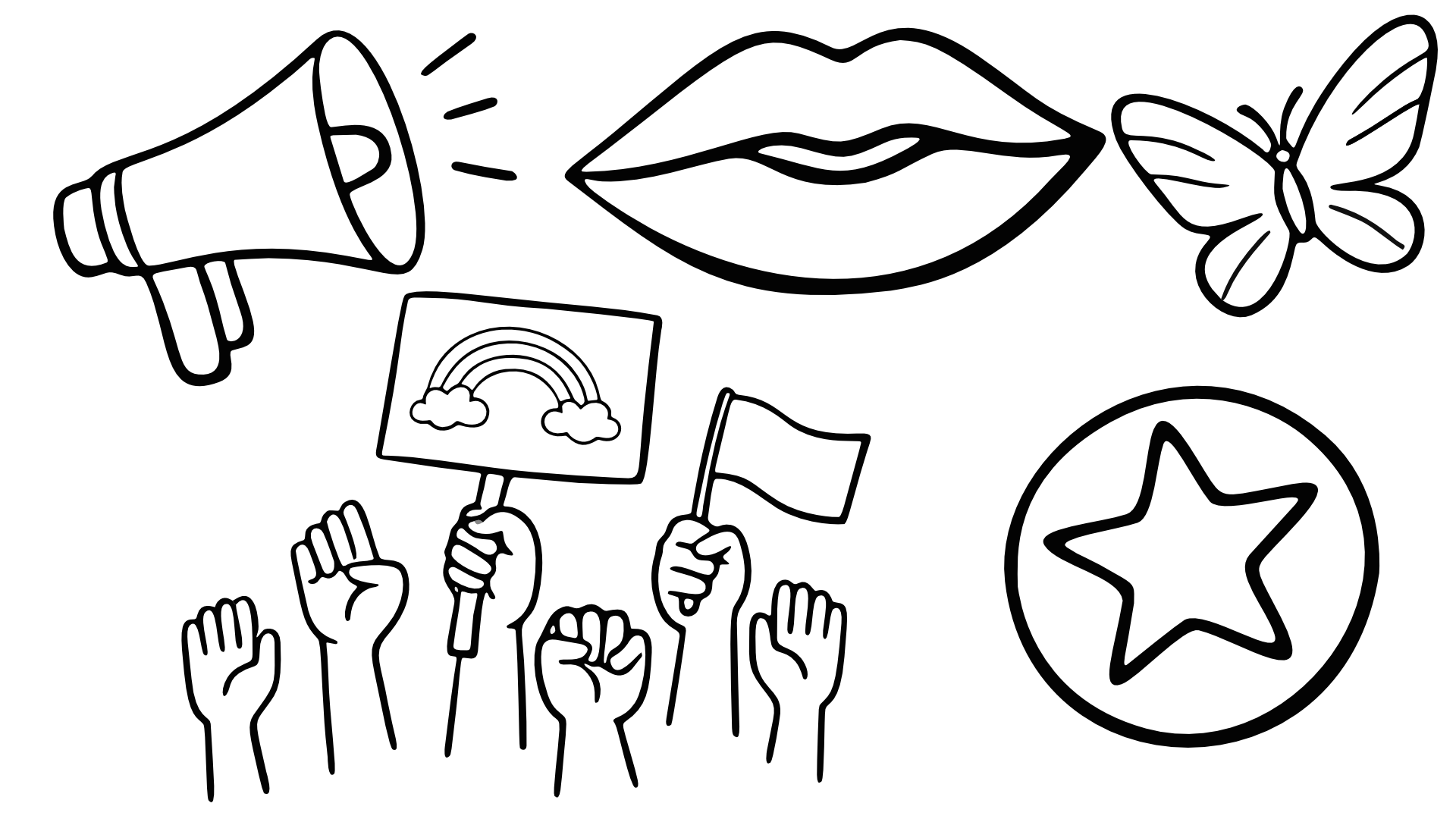 Hand-drawn illustration of community, activism, and volunteering icons